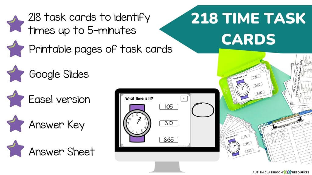 Telling Time Practice with Task Cards: 218 task cards to identify times up to 5 minutes, printable pages of task cards, Google Slides, Easel version (on TpT), Answer Key, Answer sheet. PIcture of task cards in print and on computer with watches and 3 multiple choice written times to choose from]