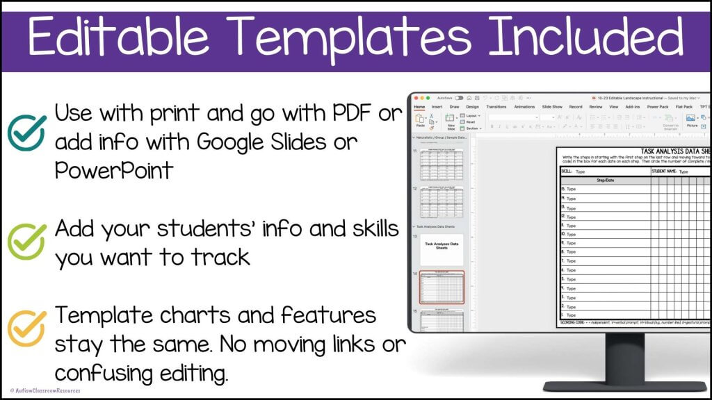 Use with print and go with PDF or add info with Google Slides or PowerPoint

Add your students’ info and skills you want to track

Template charts and features stay the same. No moving links or confusing editing.