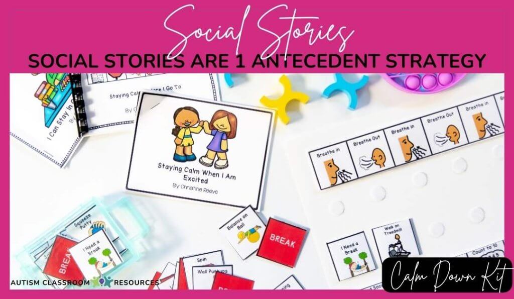 Social Stories research shows they are used as an antecedent strategy for behavioral support. Picture form the Calm down toolkit of a social story, break visuals, breathing sequences and break choices