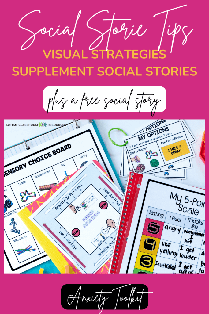 Social stories research indicates that social stories can be helpful in teaching students to use visual supports and strategies. Pictures of a 5-point scale, square breathing, break choice board from the Anxiety Toolkit - with free download