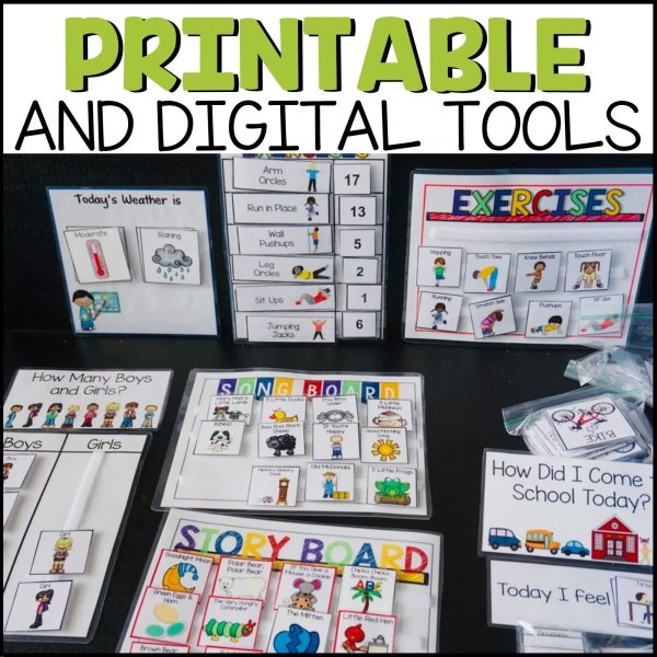 Morning Meeting & Circle Time Activities - PreK & Elem Spec. Ed Digital & Print offers engaging weather charts, exercise cards, song boards, a storyboard, and feeling check-ins—all in vibrant colors with clear labels for kids. Plus there are digital versions too!