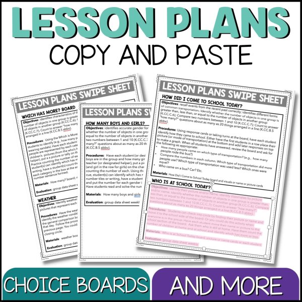 Two overlapping lesson plan sheets display black-and-white text. Above them, “LESSON PLANS COPY AND PASTE” appears. Blue and purple banners read: “CHOICE BOARDS,” “CIRCLE TIME ACTIVITIES,” and “AND MORE.” From Morning Meeting & Circle Time Activities - PreK & Elem Spec. Ed Digital & Print.