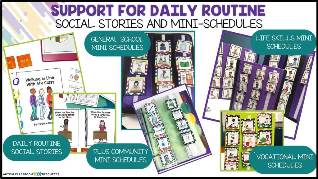 A collage titled “Support for Daily Routine: Social Stories and Mini-Schedules” shows folders with illustrated mini-schedules for school, life skills, vocational, and community routines, plus daily routine social stories.