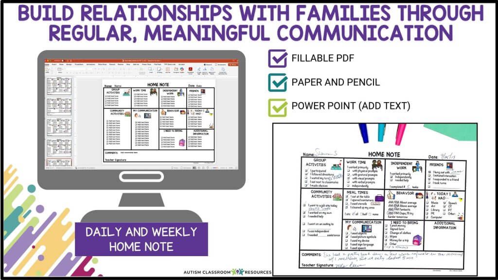 A graphic titled Build Relationships with Families Through Regular, Meaningful Communication shows screenshots of a Home Note on a computer monitor, with options for PDF, paper, and PowerPoint formats.