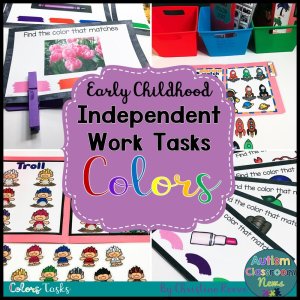 Collage of early learning materials focused on colors, with matching tasks and colorful clip cards. Crayons and illustrated children shown. Text reads “Color Matching File Folder Games - Independent Work Tasks for Special Education.”.