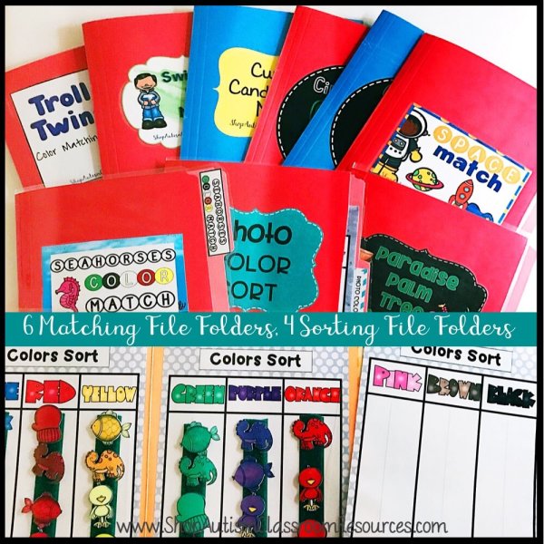 Color Matching File Folder Games - Independent Work Tasks for Special Education includes colorful folders with matching and sorting activities like color matching and sorting games, displayed on a table.