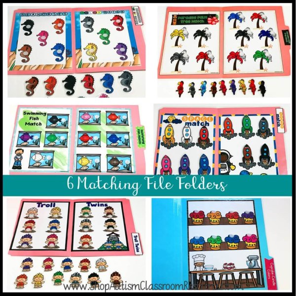 The Color Matching File Folder Games - Independent Work Tasks for Special Education feature six themed activities—seahorses, parrots, fish, rockets, trolls, and owls—with matching cards or pieces for engaging hands-on learning.
