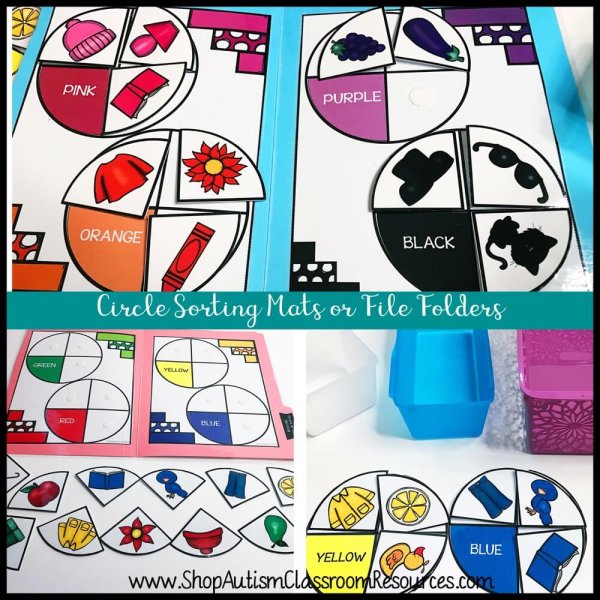 The Color Matching File Folder Games - Independent Work Tasks for Special Education feature circle sorting mats with pink, orange, yellow, blue, purple, and black segments plus matching objects and images for educational sorting activities.
