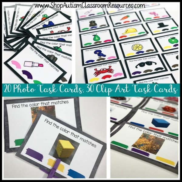 Collage of “Color Matching File Folder Games – Independent Work Tasks for Special Education” featuring 20 photo and 30 clip art task cards with objects and colored swatches; some cards show toy objects for matching.
