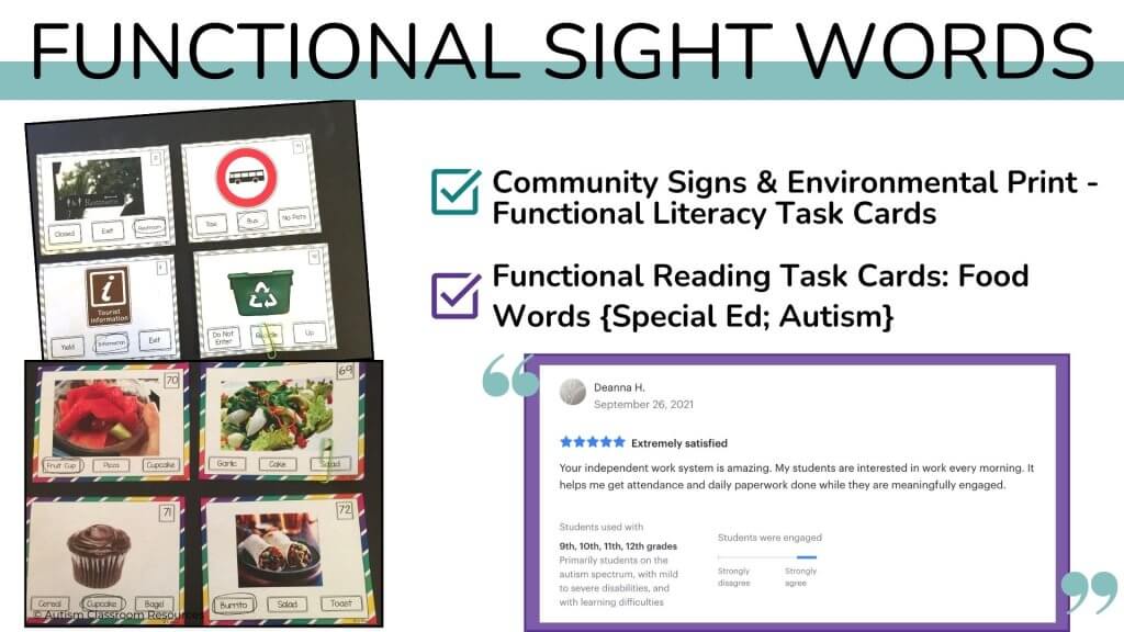 A slide about functional sight words with images of task cards showing community signs and food words, a checklist of resources, and a positive review praising the materials for special education and autism.