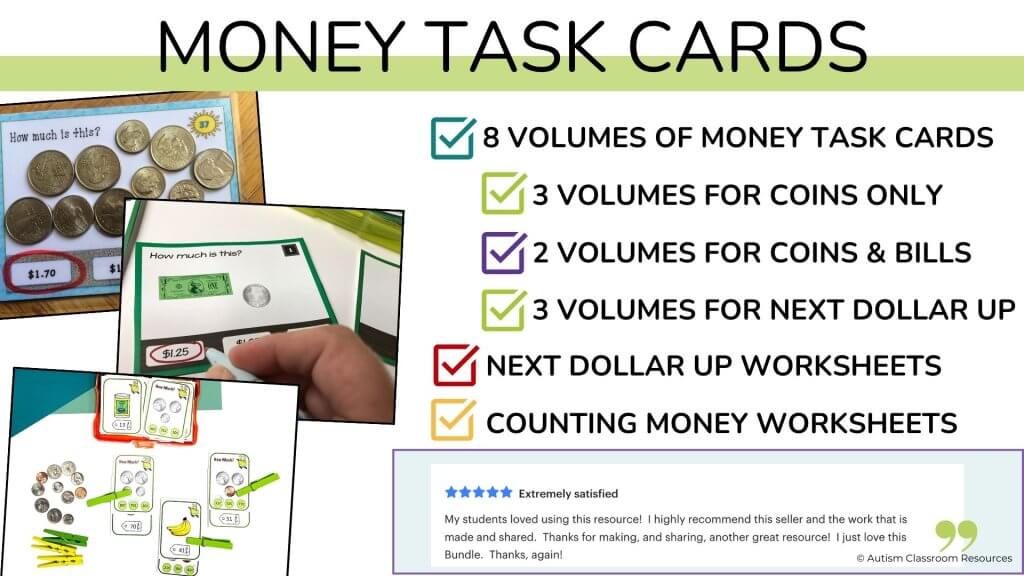 A promotional image for Money Task Cards showing a checklist of included resources, sample worksheet photos with coins, and a five-star customer review. The resources cover coins, bills, and counting money activities.