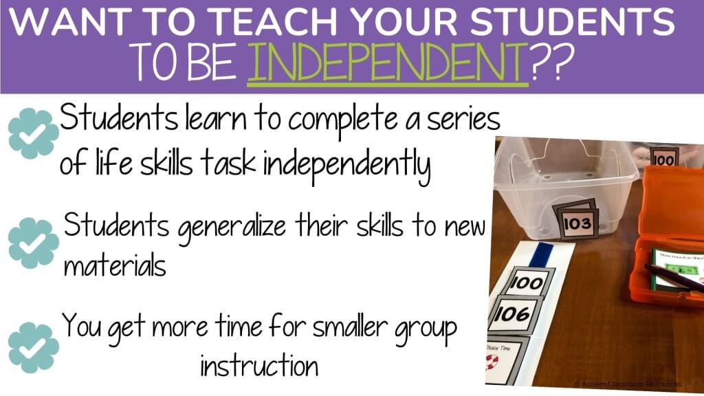 Informational graphic with the heading Want to teach your students to be independent? Lists benefits of teaching independence. Includes a photo of life skills task cards, picture cards, and bins for organizing materials.