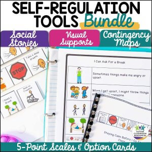 A binder open to a worksheet with illustrations and text sits beside a pen and notebook. The page highlights the Self-Regulation Support Bundle: Social Stories & Visual Tools for Behavior and Emotions.