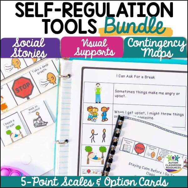 A binder open to a worksheet with illustrations and text sits beside a pen and notebook. The page highlights the Self-Regulation Support Bundle: Social Stories & Visual Tools for Behavior and Emotions.