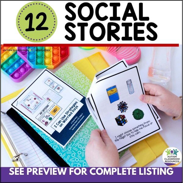 A person holds social story cards from the Self-Regulation Support Bundle: Social Stories & Visual Tools for Behavior and Emotions—ideal for teaching self-regulation. The text reads, 12 Social Stories. See preview for full details.