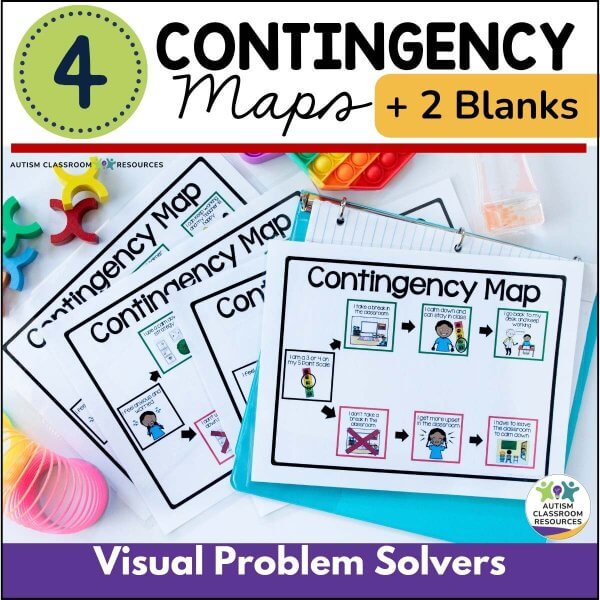 Four printed worksheets from the Self-Regulation Support Bundle: Social Stories & Visual Tools for Behavior and Emotions are displayed with toys and office supplies. Text reads 4 Contingency Maps + 2 Blanks and Visual Problem Solvers for self-regulation support.