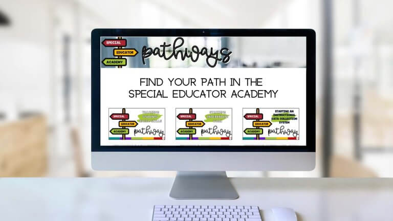 A computer monitor displays a webpage titled Pathways with colorful signs reading Special Educator Academy and the text Find your path in the Special Educator Academy. Three similar images are shown below.