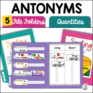 Colorful worksheet from File Folder Activities Special Education: Sorting Quantity Antonyms featuring sorting long vs. short items like pencils, carrots, and buses. Includes 5 file folders and quantity comparison activities.