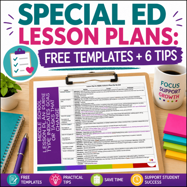 A colorful graphic with SPECIAL ED LESSON PLANS: FREE TEMPLATES + 6 TIPS at the top. Below, a clipboard displays special ed lesson plans, surrounded by pens, sticky notes, a coffee cup, and icons for free templates and time-saving tips.