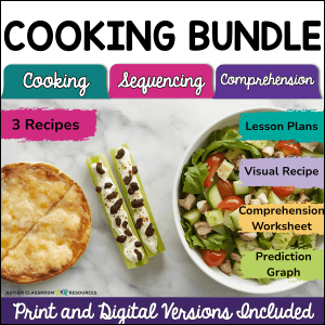 A promotional image for the Visual Recipes Bundle – Tossed Salad, Ants on a Log & English Muffin Pizzas displays these foods with labels for visual recipes, lesson plans, comprehension worksheet, prediction graph, and digital/print versions.