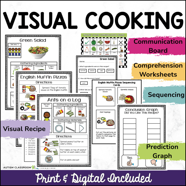 The Visual Recipes Bundle – Tossed Salad, Ants on a Log & English Muffin Pizzas includes printable and digital visual cooking worksheets, sequencing cards, a communication board, comprehension sheets, and a prediction graph for kids.