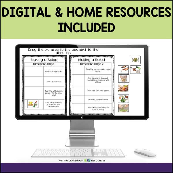 A computer monitor displays the Visual Recipes Bundle – Tossed Salad, Ants on a Log & English Muffin Pizzas, showing a Making a Salad worksheet with interactive drag-and-drop recipes, prep steps, images, keyboard, mouse, and home resources text.