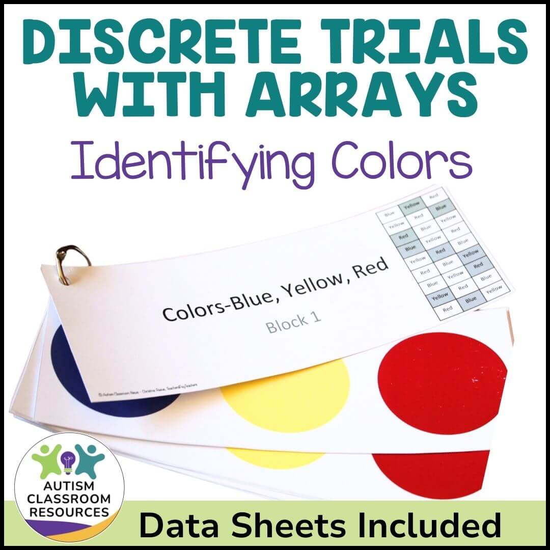 A set of educational materials labeled Discrete Trials with Arrays: Identifying Colors, featuring color cards with red, yellow, and blue dots. Includes errorless learning strategies and a logo for Autism Classroom Resources. Data sheets are also provided.