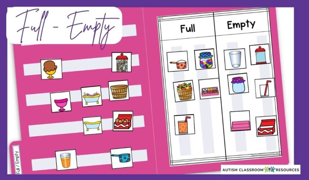 An educational worksheet titled Full - Empty features images of food and drink items. Using errorless learning activities, students sort items into Full and Empty columns on the right and complete matching tasks on the left.