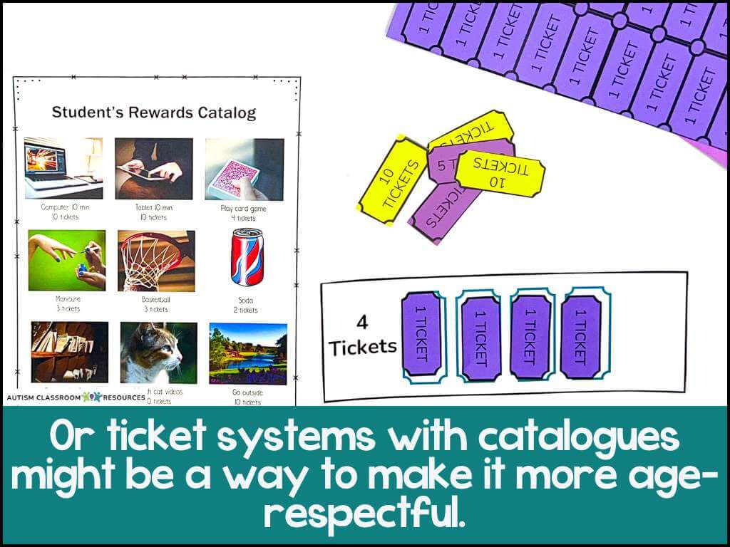 A student rewards catalog displays item options alongside colorful tickets on a desk, reflecting a classroom token system. Text below reads: “Or ticket systems with catalogues might be a way to make it more age-respectful.”.
