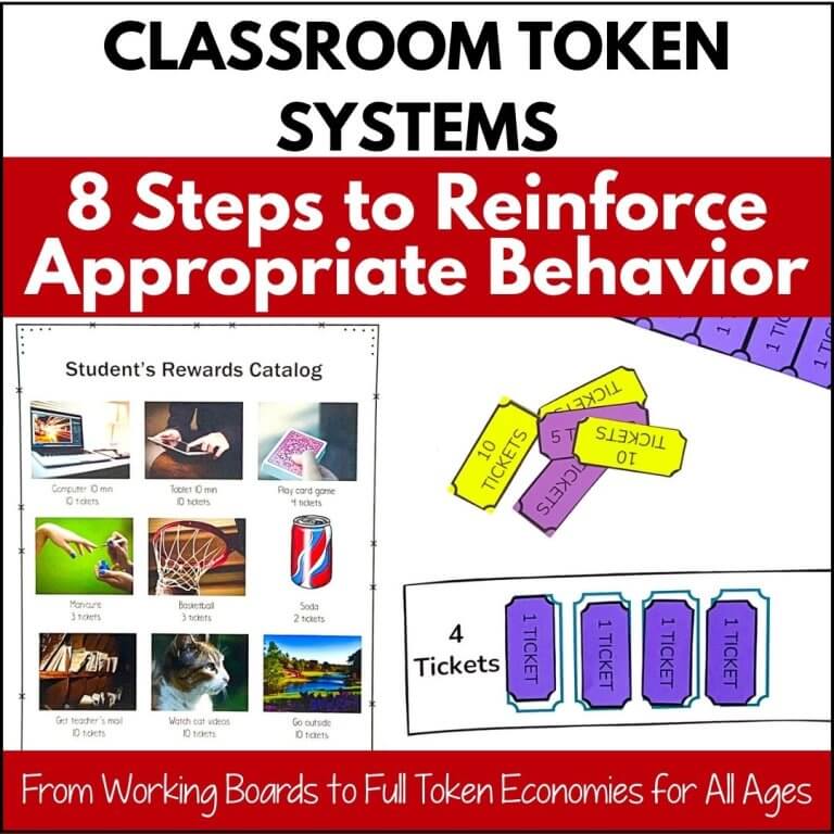 A graphic titled Classroom Token Systems: 8 Steps to Reinforce Appropriate Behavior illustrates a classroom token system with a rewards catalog featuring prizes and colorful tickets labeled 1 Ticket, 4 Tickets, and 10 Tickets.