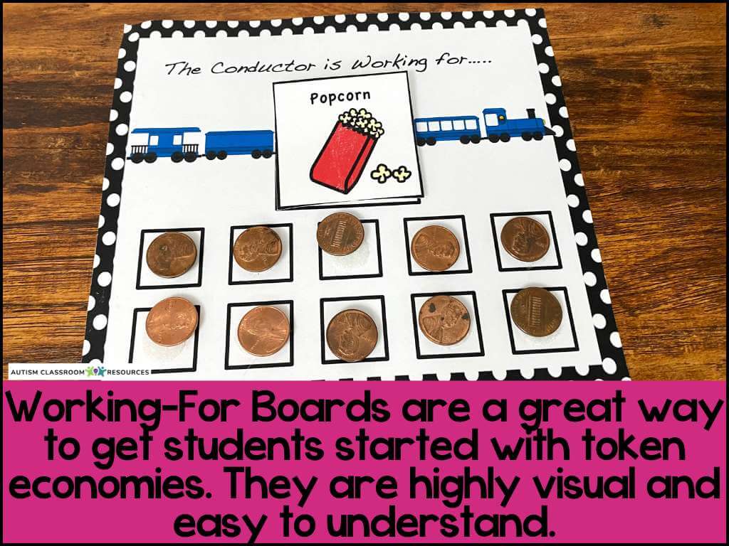 A board titled “The Conductor is Working for…” displays a popcorn card and ten squares, each with a penny, visually explaining how a classroom token system helps students understand token economies.