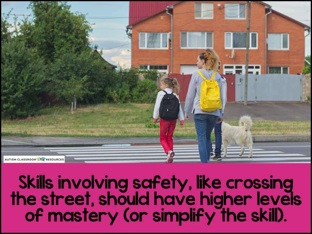 A woman and a dog walking on a crosswalk, demonstrating IEP Mastery Criteria in everyday community skills.
