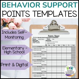 A clipboard holds a Behavior Self-Monitoring and Point System Sheet for tracking student behavior. Features: self-monitoring, suitable for all ages (elementary to high school), print & digital formats. Pink flowers and the Autism Classroom Resources logo are shown.