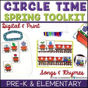 Preschool Circle Time Visuals with Songs & Rhymes for Spring Morning Meeting—digital and print materials, flower pot and train song/rhyme cards, markers, storage pouch. Perfect for Pre-K/Elementary and autism classrooms.