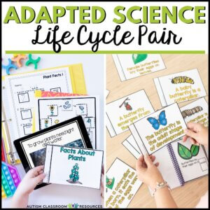 Split image showing adapted life cycle science special education materials. Left: hands holding plant fact cards and worksheets with colorful math manipulatives. Right: hands sorting butterfly life cycle cards with text and illustrations on a desk.
