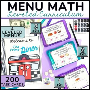 Menu Math for Special Education - Functional Math includes a diner-themed booklet, 4 leveled menus, 200 task cards in colored boxes, a calculator, coins, and progressive difficulty—ideal for teaching money at 4 levels.