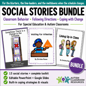Image of “Social Stories and Autism Bundle – Following Directions, Transitions & Waiting Behavior for Special Education” featuring story covers, feature list, coping visuals, and Autism Classroom Resources logo. Supports classroom behavior and coping with change.