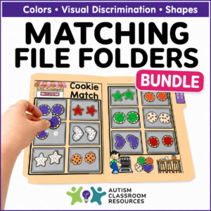 A hand places a cookie-shaped piece onto a matching file folders activity with vibrant cookies. Text: "Matching File Folders and Task Cards for Colors, Shapes, & Pattern Discrimination – Autism Classroom Resources.