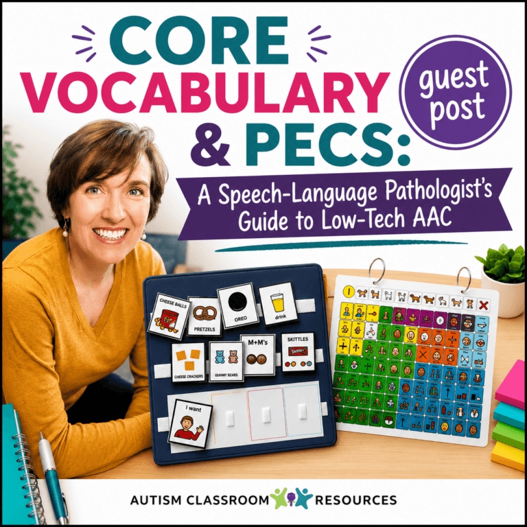 A woman smiles at a desk with PECS boards and a colorful communication chart. Text reads: Core Vocabulary & PECS: A Speech-Language Pathologists Guide to Low-Tech AAC. Guest post. Autism Classroom Resources..