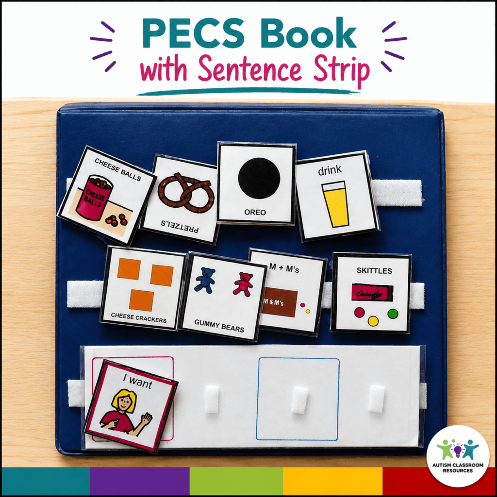 A PECS book with a sentence strip, featuring core vocabulary picture cards for snacks like cheese balls, pretzels, Oreo, drink, Skittles, M&Ms, gummy bears, and cheese crackers on a blue board.