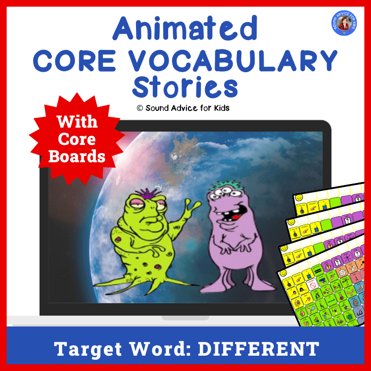 Two cartoon monsters appear on a laptop screen beside colorful core vocabulary boards. Text reads, Animated CORE VOCABULARY Stories, and highlights the target word: DIFFERENT..